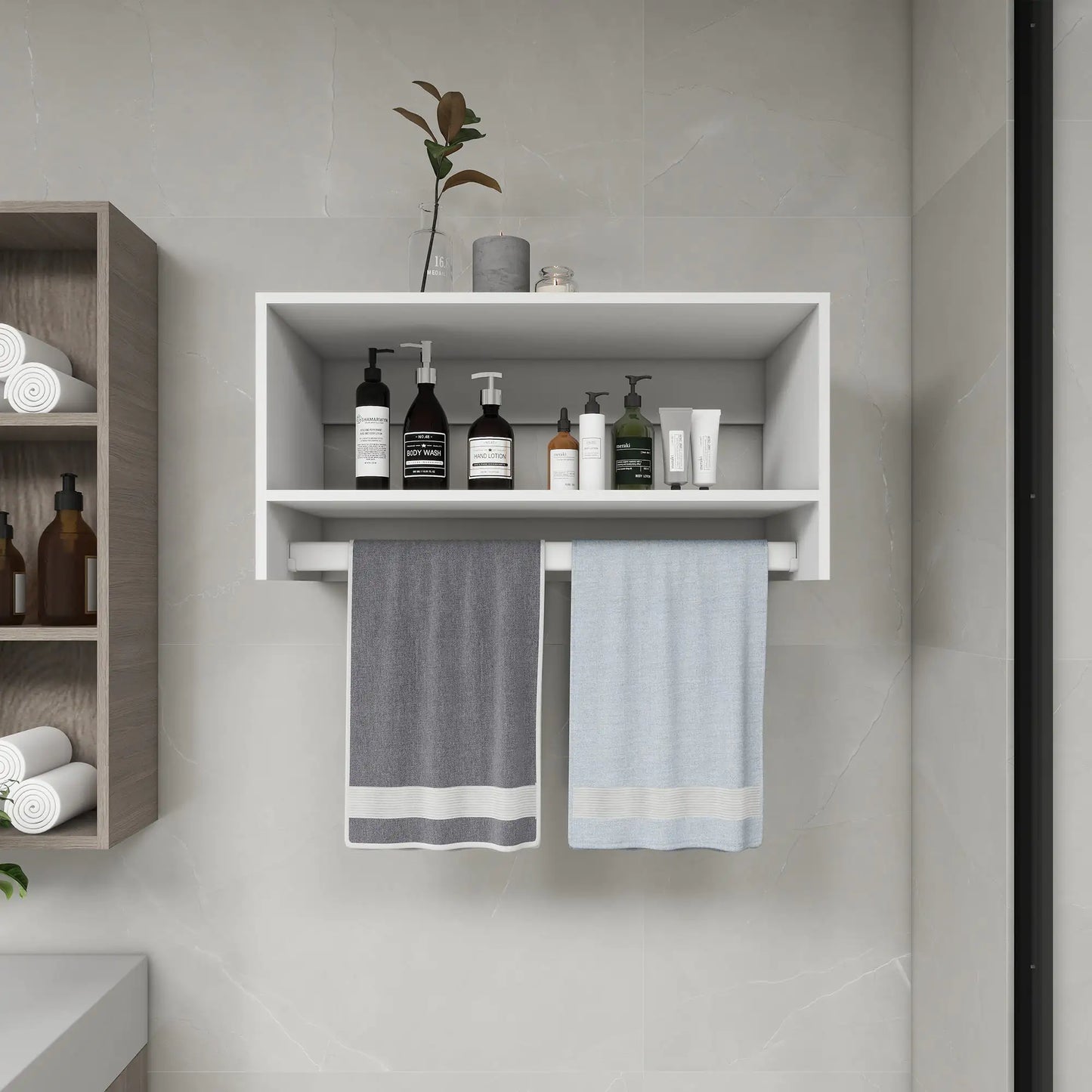 Bathroom white organizer shelves