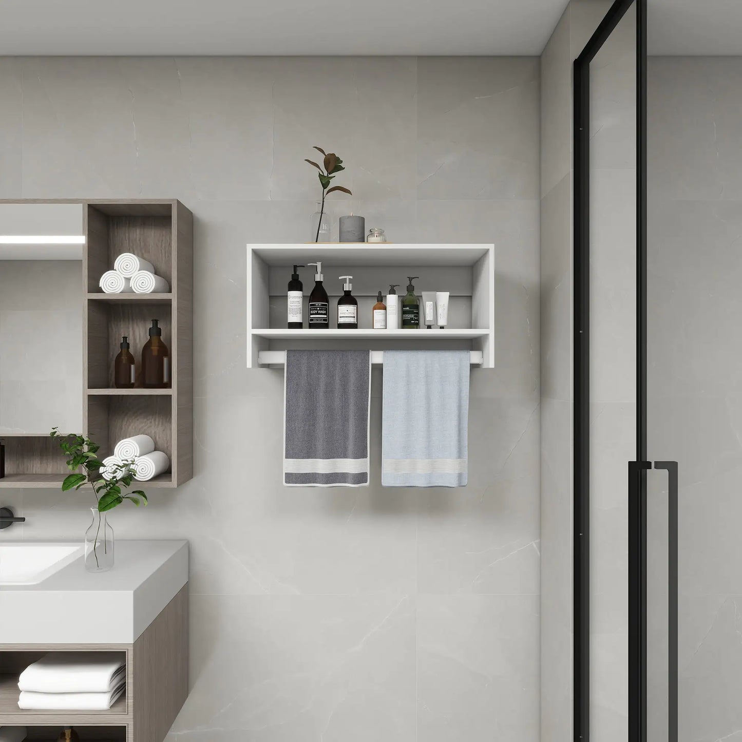 Bathroom white organizer shelves