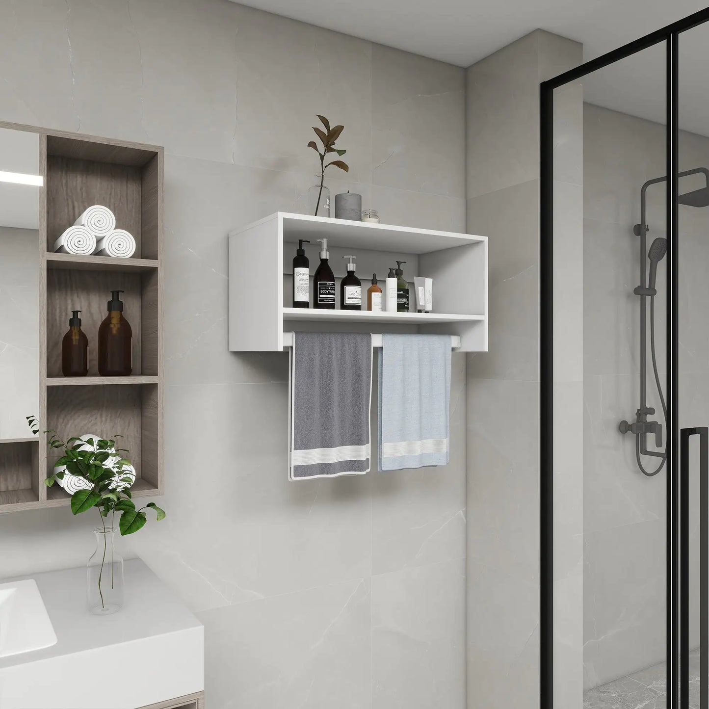 Bathroom white organizer shelves